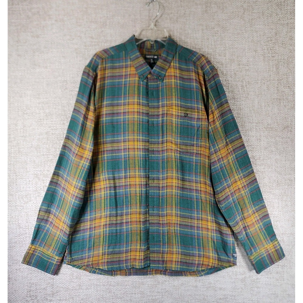 Toad & Co Airsymth Shirt Mens XL Blue Gold Plaid Lightweight Cotton Blend Button